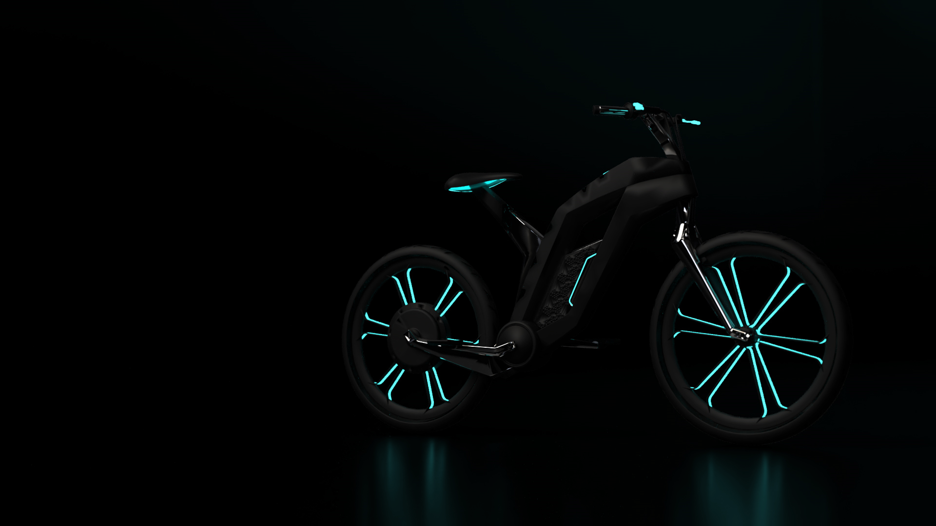 The Odyssey One e-bike, side on, lit in cyan